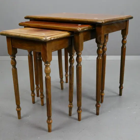 retro set of 3 mahogany & beech nesting tables with figured veneer and boxwood stringing in top, turned and fluted legs