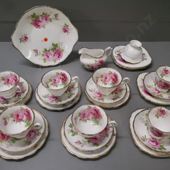 26-piece Royal Albert 'American Beauty' tea set: 8x trios, creamer, cake plate. Cake plate D-250 [some minor wear to