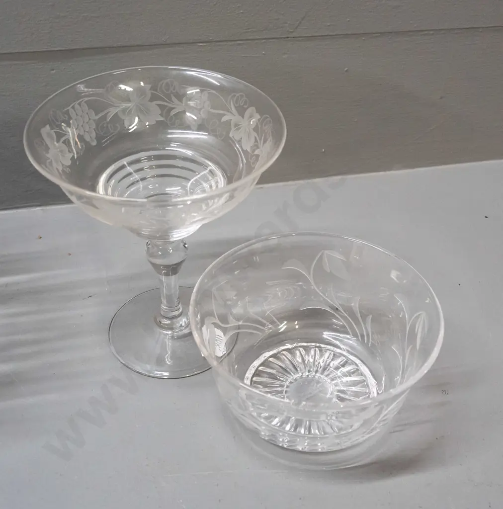 assorted cut and etched crystal items, all but one marked Stuart - 6 matching footed bowls, 2 comports, taller is H-130 Image 1++