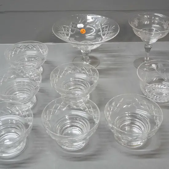 assorted cut and etched crystal items, all but one marked Stuart - 6 matching footed bowls, 2 comports, taller is H-130