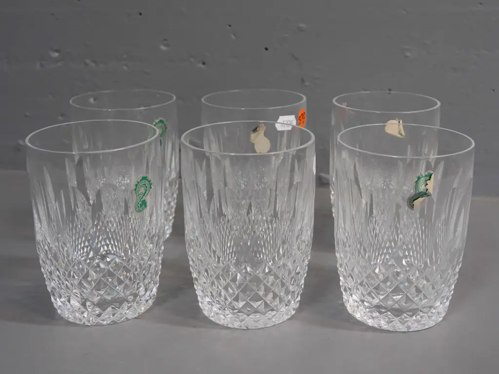 6 Waterford crystal tumblers, 5 with remnant paper labels H-110 Image 1++