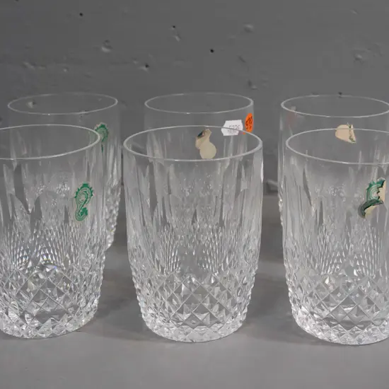 6 Waterford crystal tumblers, 5 with remnant paper labels H-110