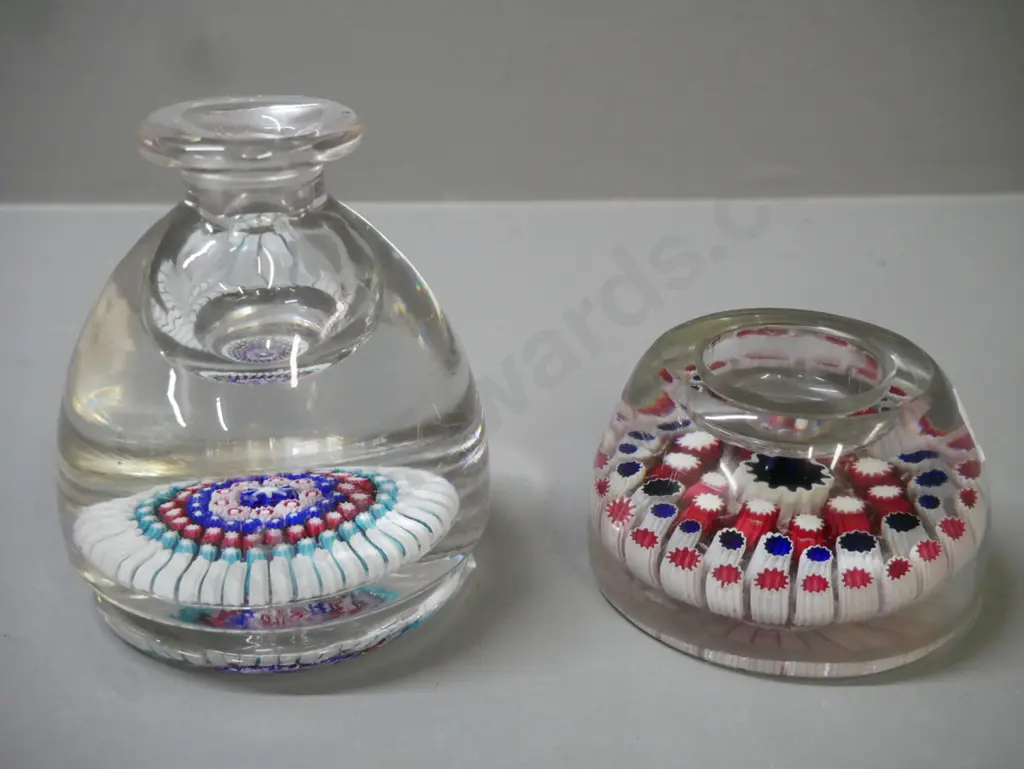 2x heavy art glass paperweights pen holder & ink pottle? Larger H-110 D-90 [some pitting to inside of smaller] Image 1++