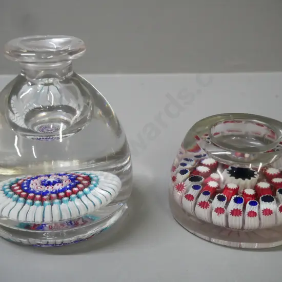 2x heavy art glass paperweights pen holder & ink pottle? Larger H-110 D-90 [some pitting to inside of smaller]