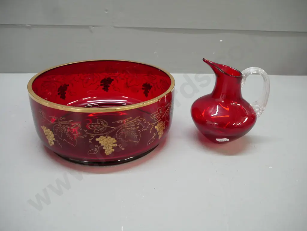 vintage Bohemian red ruby glass bowl w/ grapevines pattern gilt decoration and rim, ruby red art glass jug Image 1++
