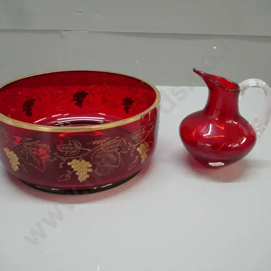 vintage Bohemian red ruby glass bowl w/ grapevines pattern gilt decoration and rim, ruby red art glass jug