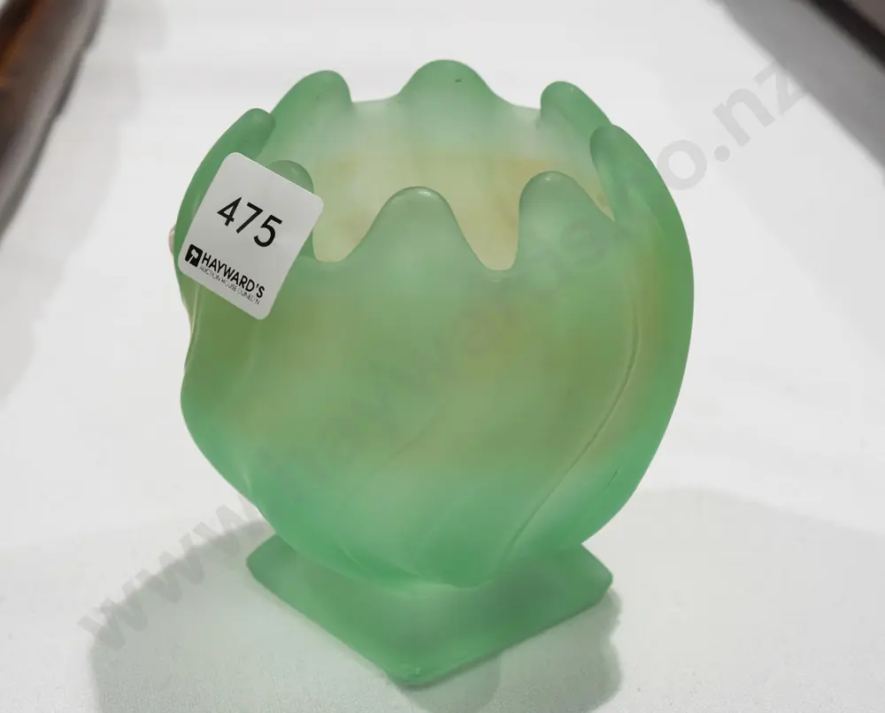 vintage Art Deco green Uranium Glass footed vase H-110 [small shallow chip to base] Image 1++
