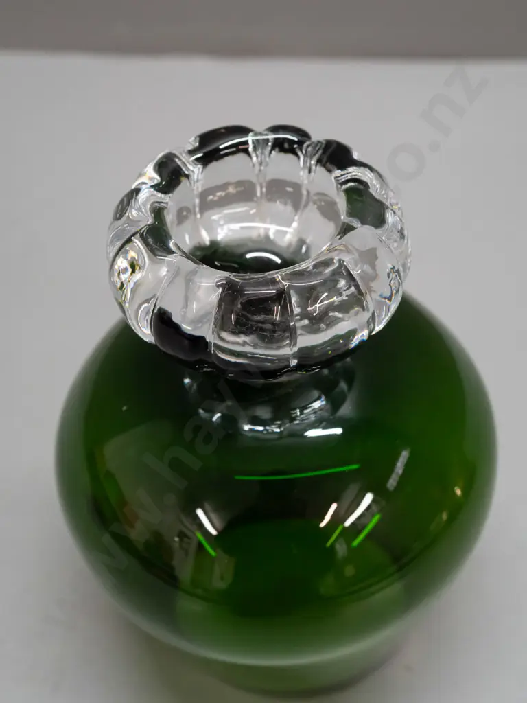 retro Swedish glass goblet shaped vase - emerald green on clear fluted circular foot - Seda Sweden label H-180 D-110 Image 1++