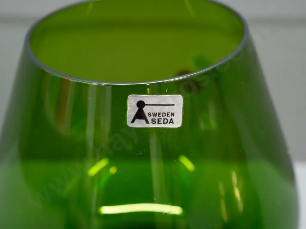 retro Swedish glass goblet shaped vase - emerald green on clear fluted circular foot - Seda Sweden label H-180 D-110 Image 1++