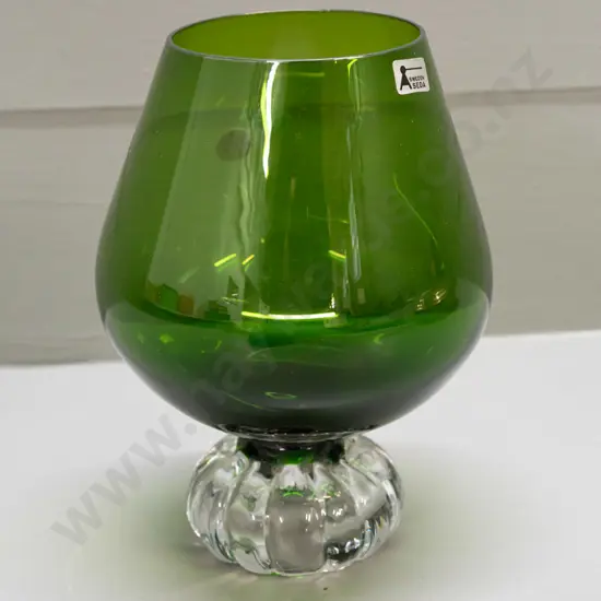 retro Swedish glass goblet shaped vase - emerald green on clear fluted circular foot - Seda Sweden label H-180 D-110