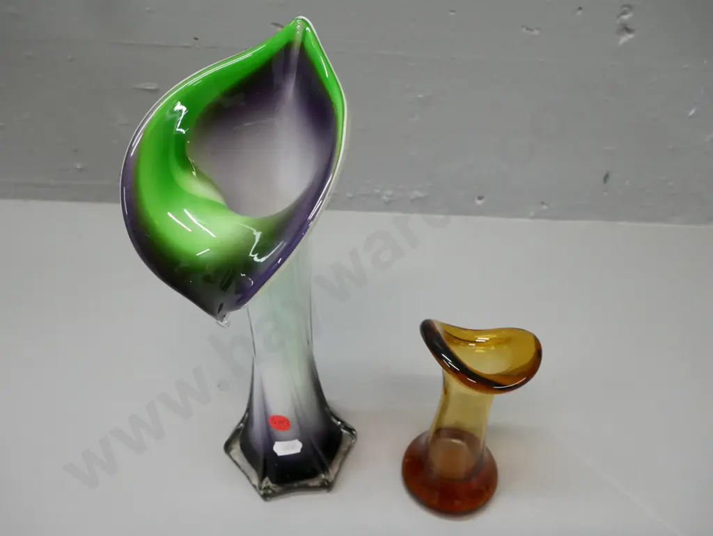 2x art glass: Jack in the pulpit vase w/ fluted stem amethyst green white, small amber bud vase. Larger H-300 D-130 Image 1++