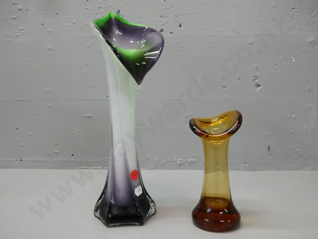 2x art glass: Jack in the pulpit vase w/ fluted stem amethyst green white, small amber bud vase. Larger H-300 D-130 Image 1++