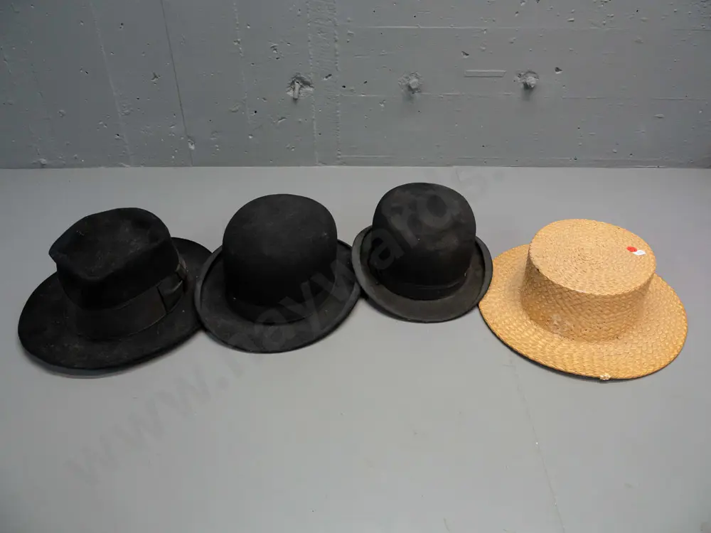 4 vintage gent's hats - British makes - Cravenette, J. Moore and Sons London, etc - wear and some missing trim - straw Image 1++