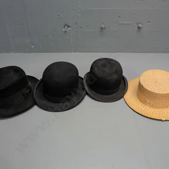 4 vintage gent's hats - British makes - Cravenette, J. Moore and Sons London, etc - wear and some missing trim - straw