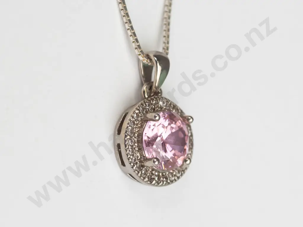 silver pink stone necklace chain stamped 925 Image 1++