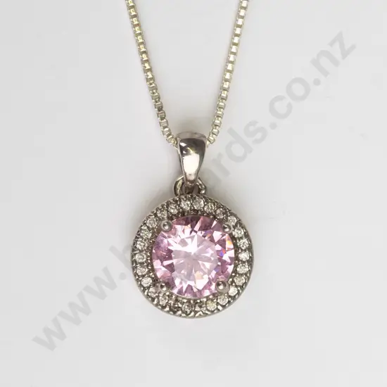 silver pink stone necklace chain stamped 925