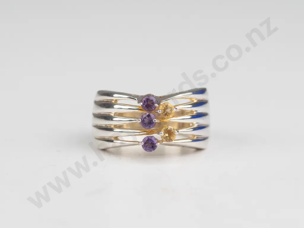 silver amethyst & amber ring stamped 925 size N Image 1++