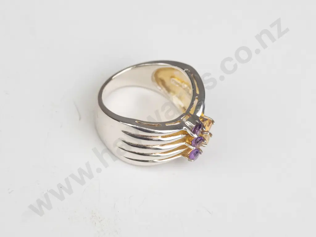 silver amethyst & amber ring stamped 925 size N Image 1++