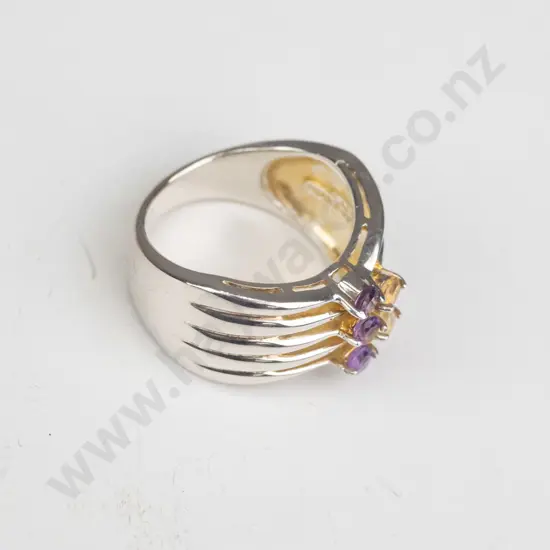 silver amethyst & amber ring stamped 925 size N