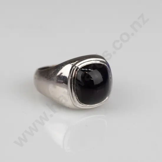 silver ring with black stone stamped S925 size P/Q