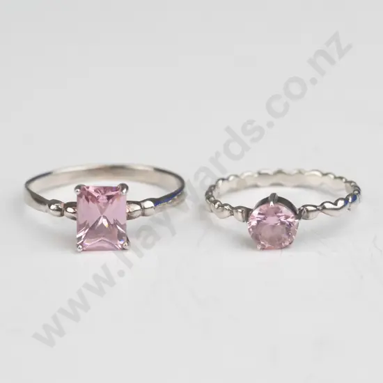 2 silver pink stone rings both stamped 925 Round size M Squared size R