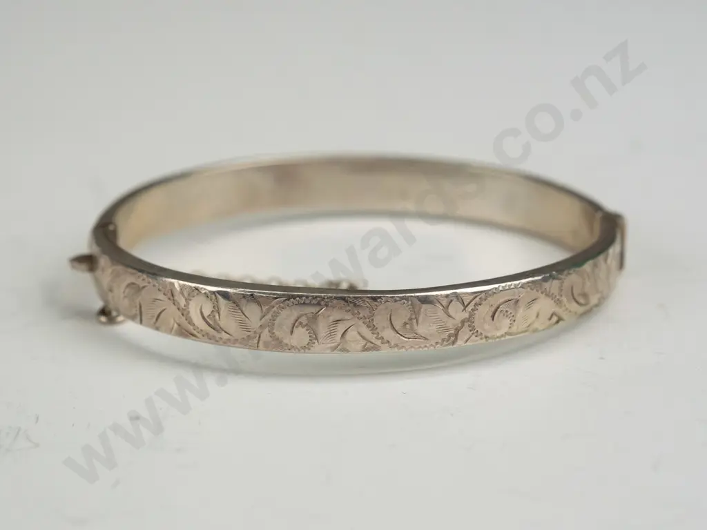 silver childs bangle with safety chain stamped stg sil Image 1++