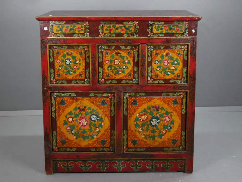 vintage Tibetan pine cabinet with intricate polychrome decoration on front, 2 large & 2 small cupboard doors, panelled Image 1++