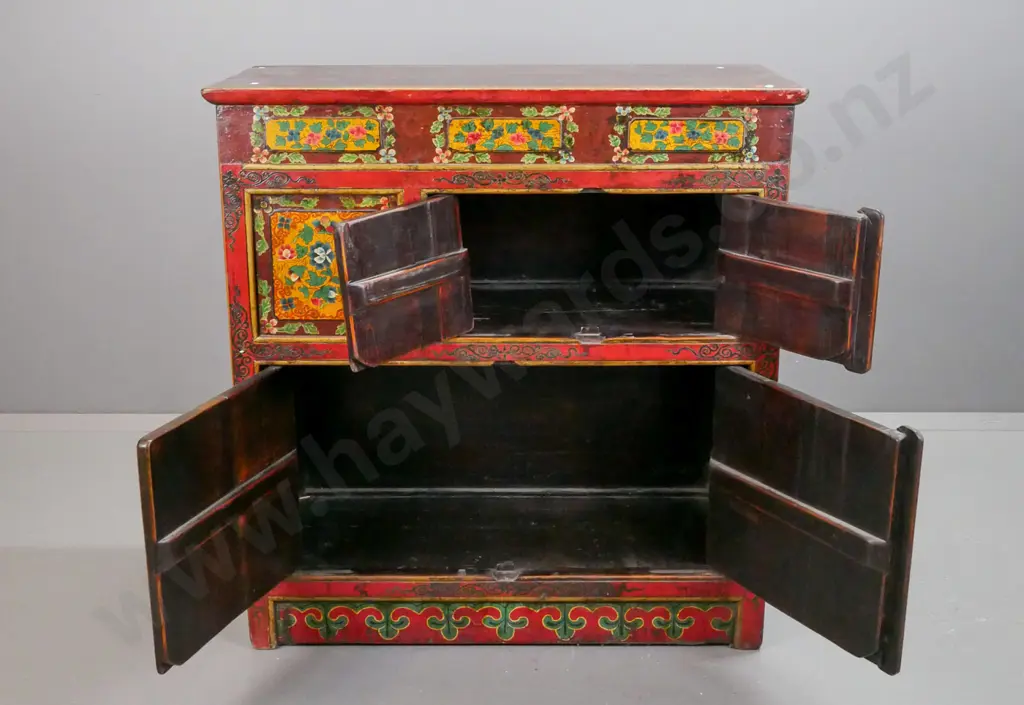 vintage Tibetan pine cabinet with intricate polychrome decoration on front, 2 large & 2 small cupboard doors, panelled Image 1++