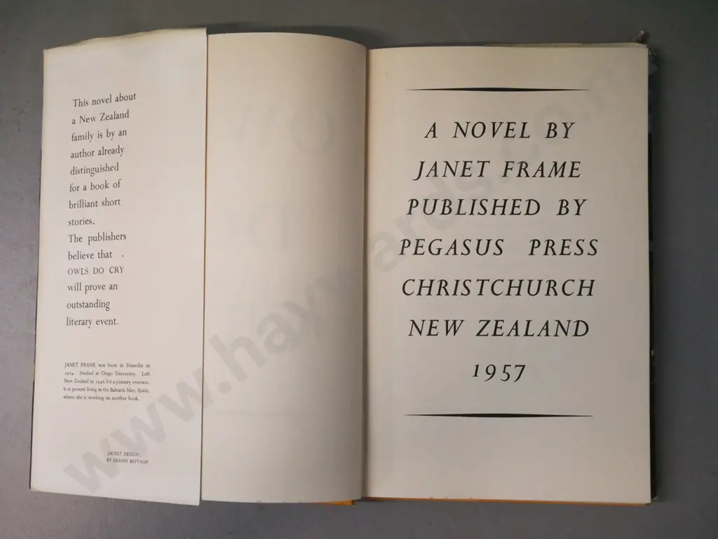 Janet Frame 1st ed. 'Owls Do Cry' Pegasus Press Chch 1957 [some discolouration to front page, wear to dust cover] Image 1++