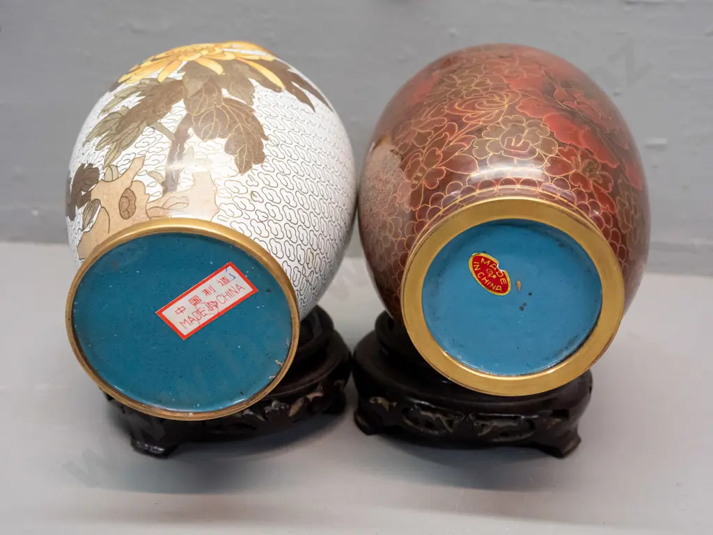 2 Chinese cloisonne vases on wooden stands, both floral and foliate motifs - brown tone with 1980s brochure, has small Image 1++