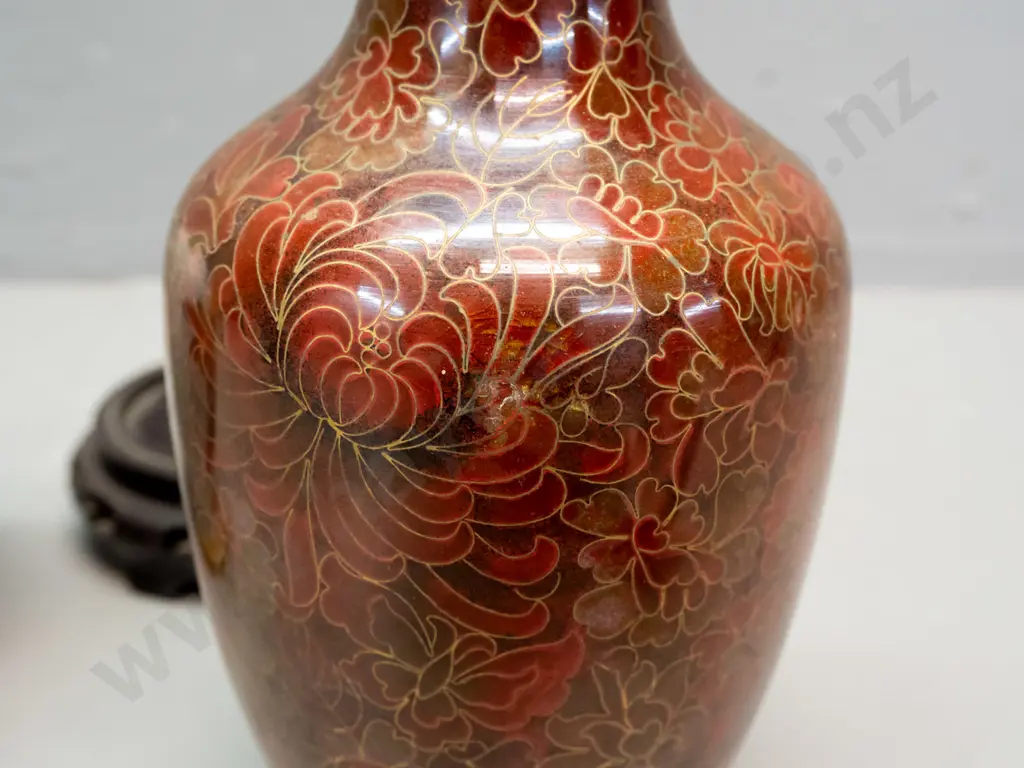 2 Chinese cloisonne vases on wooden stands, both floral and foliate motifs - brown tone with 1980s brochure, has small Image 1++