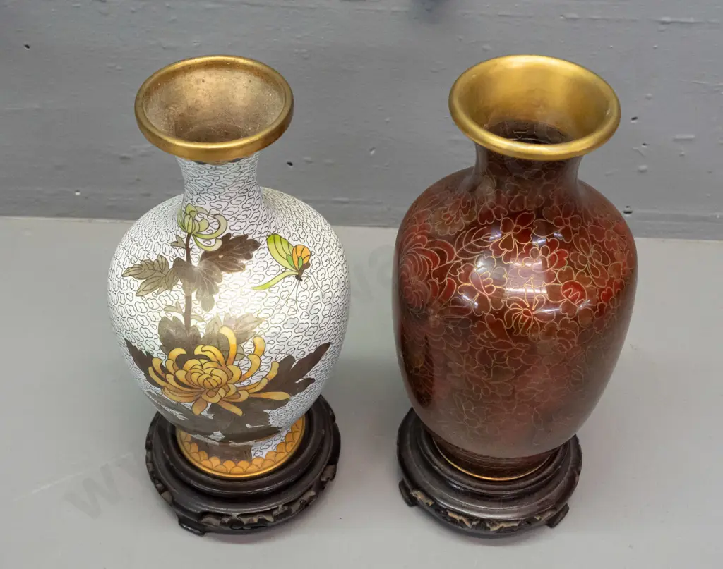 2 Chinese cloisonne vases on wooden stands, both floral and foliate motifs - brown tone with 1980s brochure, has small Image 1++
