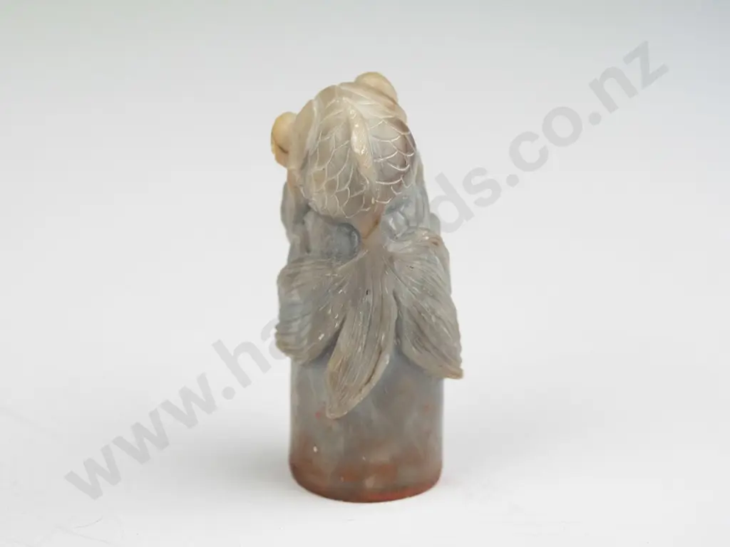 small light green jade chop or seal with carved goldfish decoration & character stamp - a few tiny chips H-55 Image 1++
