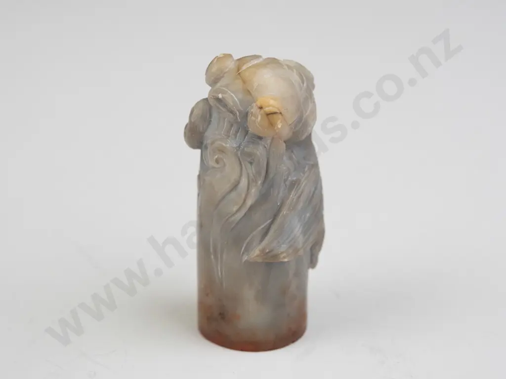 small light green jade chop or seal with carved goldfish decoration & character stamp - a few tiny chips H-55 Image 1++