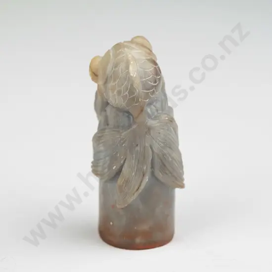 small light green jade chop or seal with carved goldfish decoration & character stamp - a few tiny chips H-55