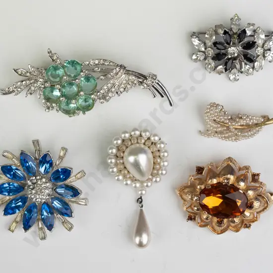 6 costume brooches