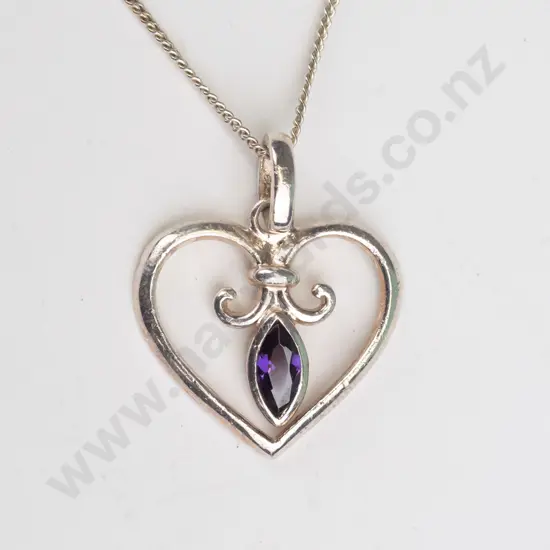 silver heart necklace with amethyst stamped 925