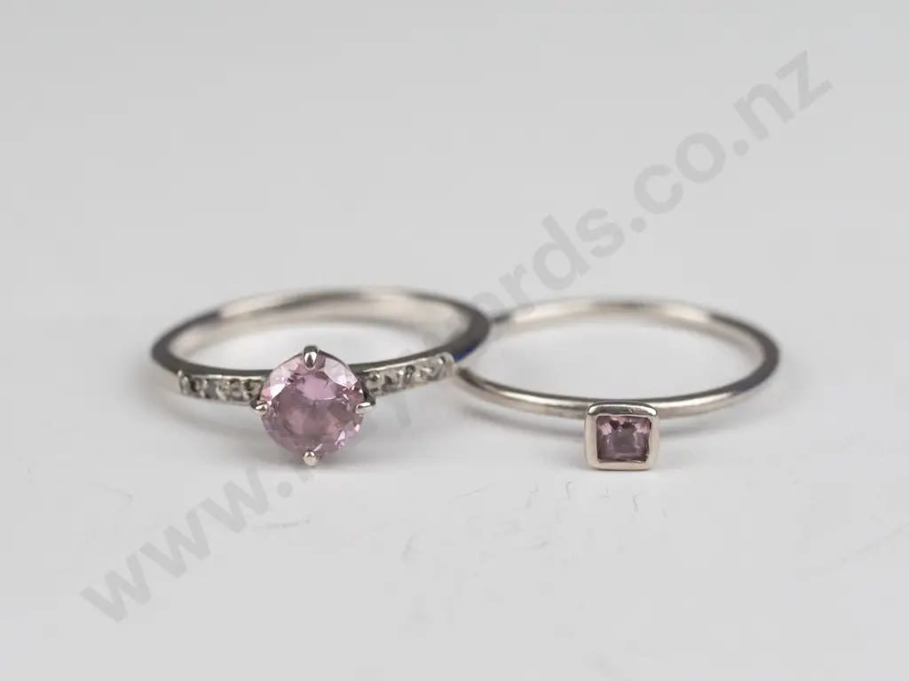 2 silver pink stone rings both stamped 925 Round size O Square size P Image 1++