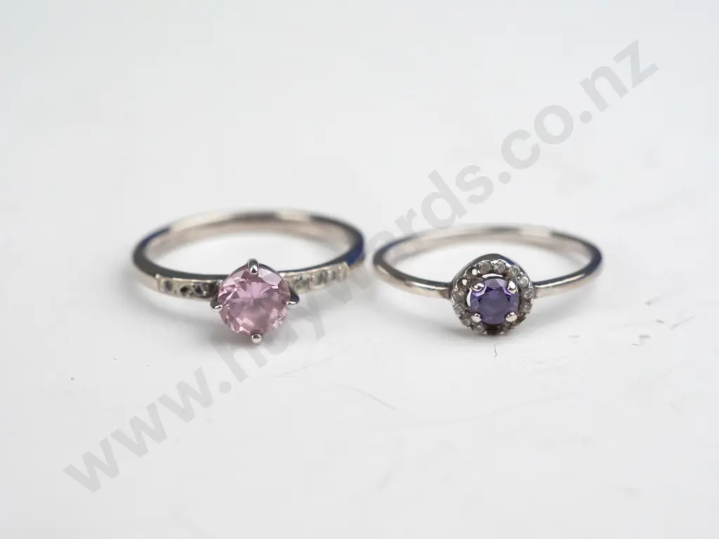 silver amethyst ring size N & silver pink stone ring size O both stamped 925 Image 1++