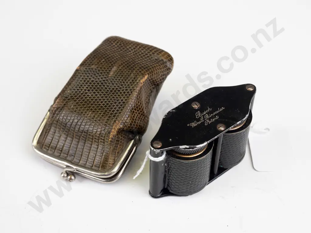 vintage compact binoculars / opera glasses marked  'Busch Wimett Binocular' with shagreen covering and shagreen purse Image 1++