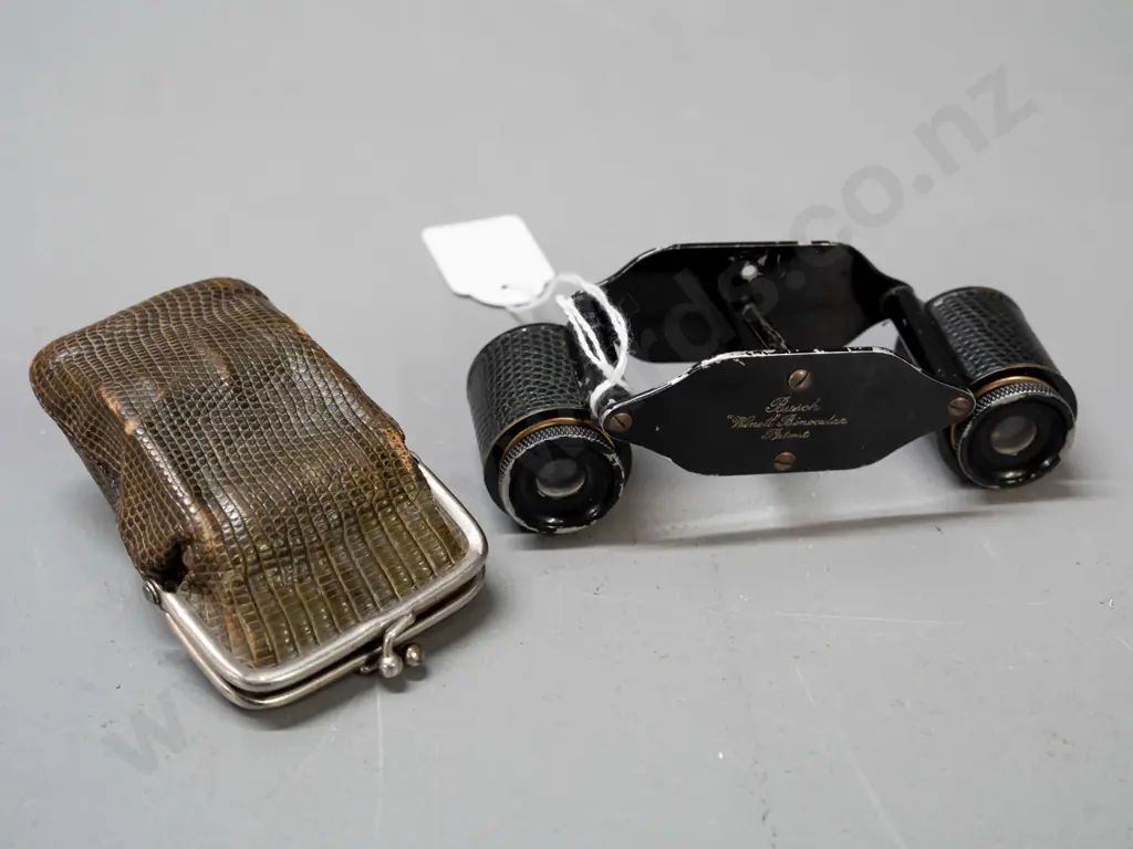 vintage compact binoculars / opera glasses marked  'Busch Wimett Binocular' with shagreen covering and shagreen purse Image 1++