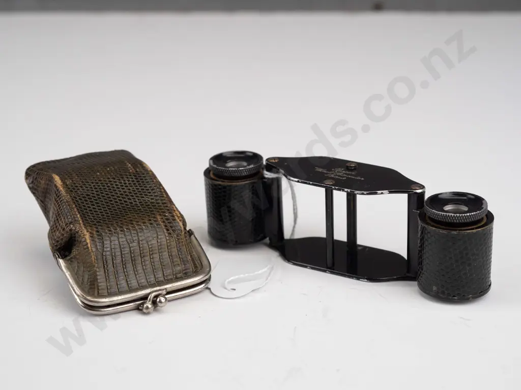 vintage compact binoculars / opera glasses marked  'Busch Wimett Binocular' with shagreen covering and shagreen purse Image 1++