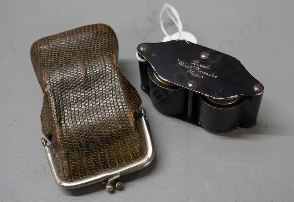 vintage compact binoculars / opera glasses marked  'Busch Wimett Binocular' with shagreen covering and shagreen purse Image 1++