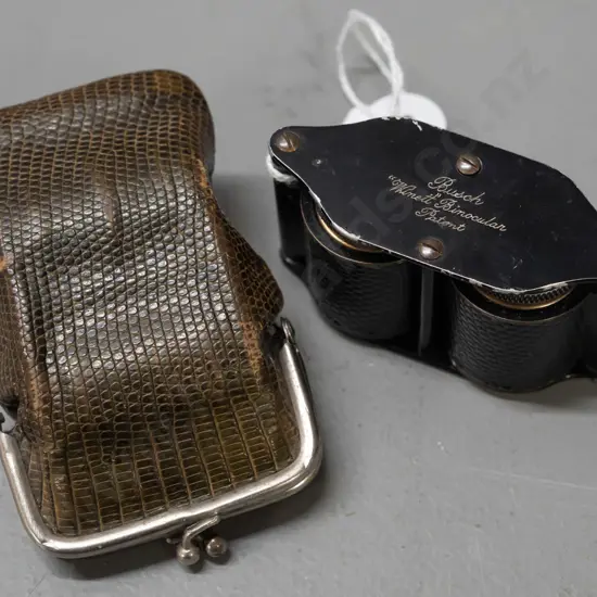 vintage compact binoculars / opera glasses marked  'Busch Wimett Binocular' with shagreen covering and shagreen purse