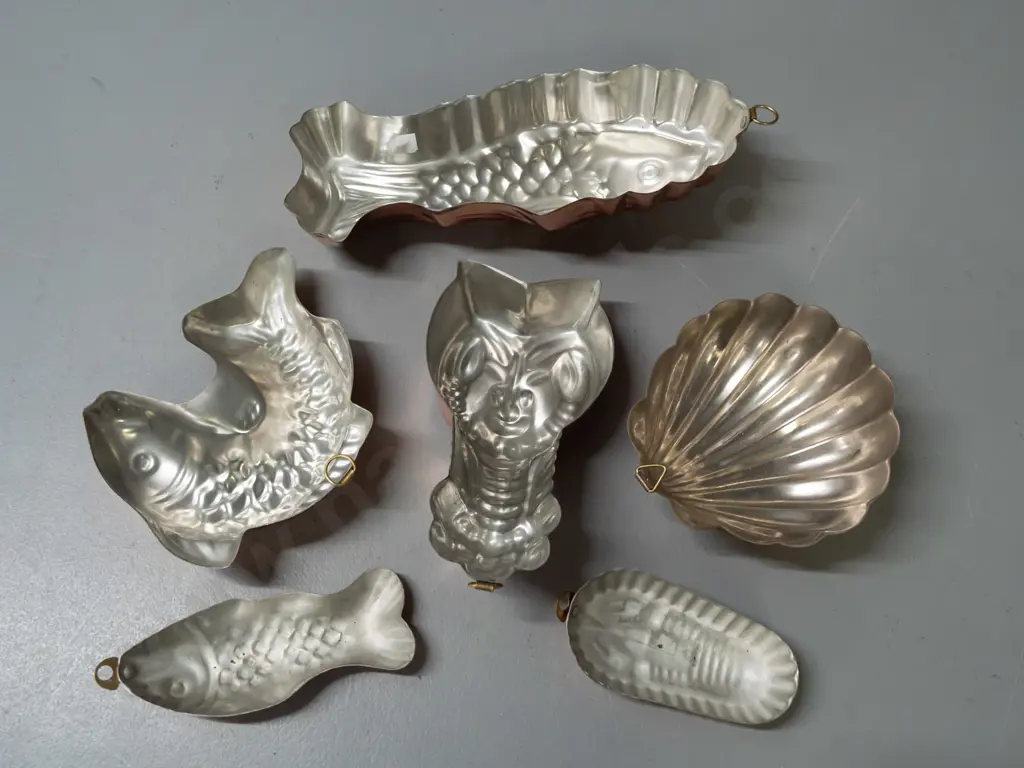 6 copper plated moulds, 3 marked TAGUS Portugal -  fish, crayfish, crab and shell shapes - larger fish L-220 Image 1++