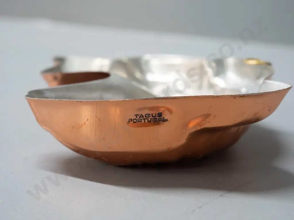 6 copper plated moulds, 3 marked TAGUS Portugal -  fish, crayfish, crab and shell shapes - larger fish L-220 Image 1++