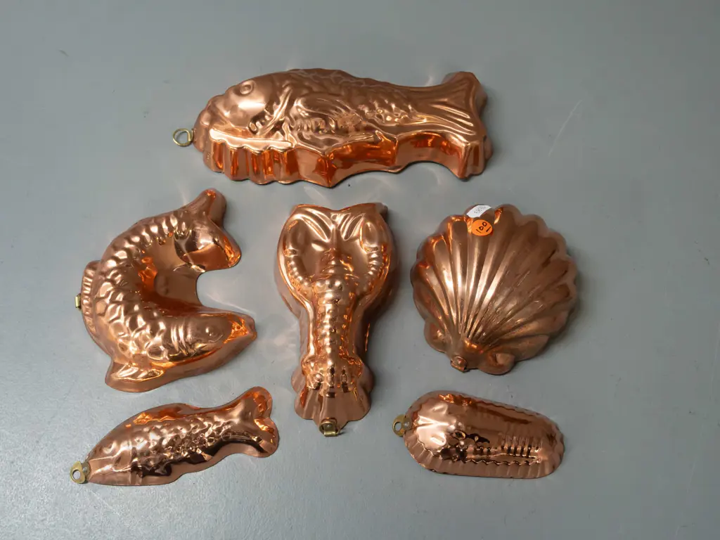 6 copper plated moulds, 3 marked TAGUS Portugal -  fish, crayfish, crab and shell shapes - larger fish L-220 Image 1++
