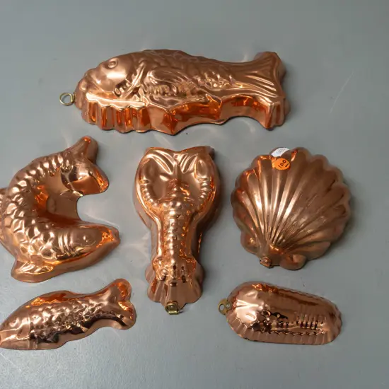 6 copper plated moulds, 3 marked TAGUS Portugal -  fish, crayfish, crab and shell shapes - larger fish L-220