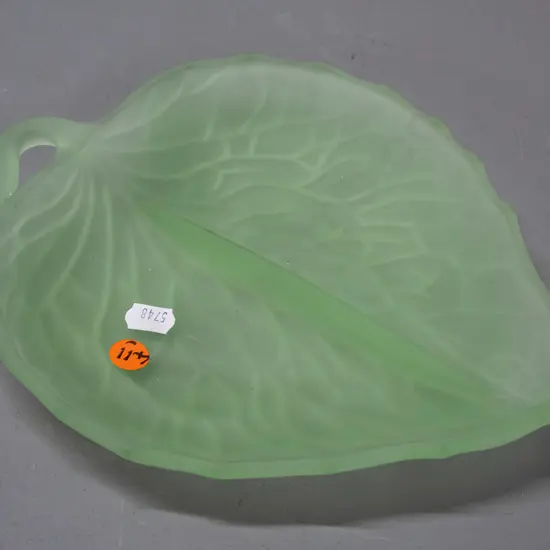 frosted green uranium glass leaf-shaped segmented dish - nice glow. L-230 W-200