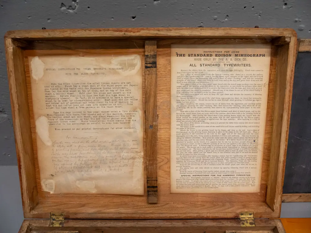 vintage Edison Mimeograph in elm case with hinged lid, assorted attachments, parts and ink from an Ellams Duplicator etc Image 1++